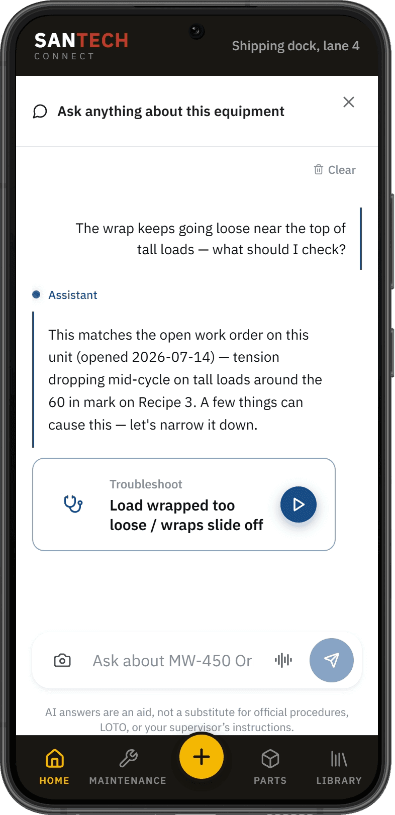 SANTECH Connect AI assistant answering an equipment question with a troubleshooting launcher