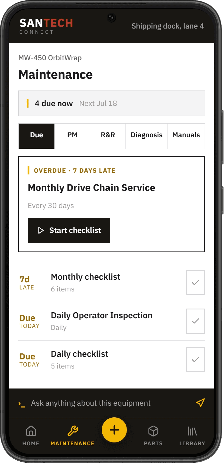 SANTECH Connect maintenance work queue on a phone
