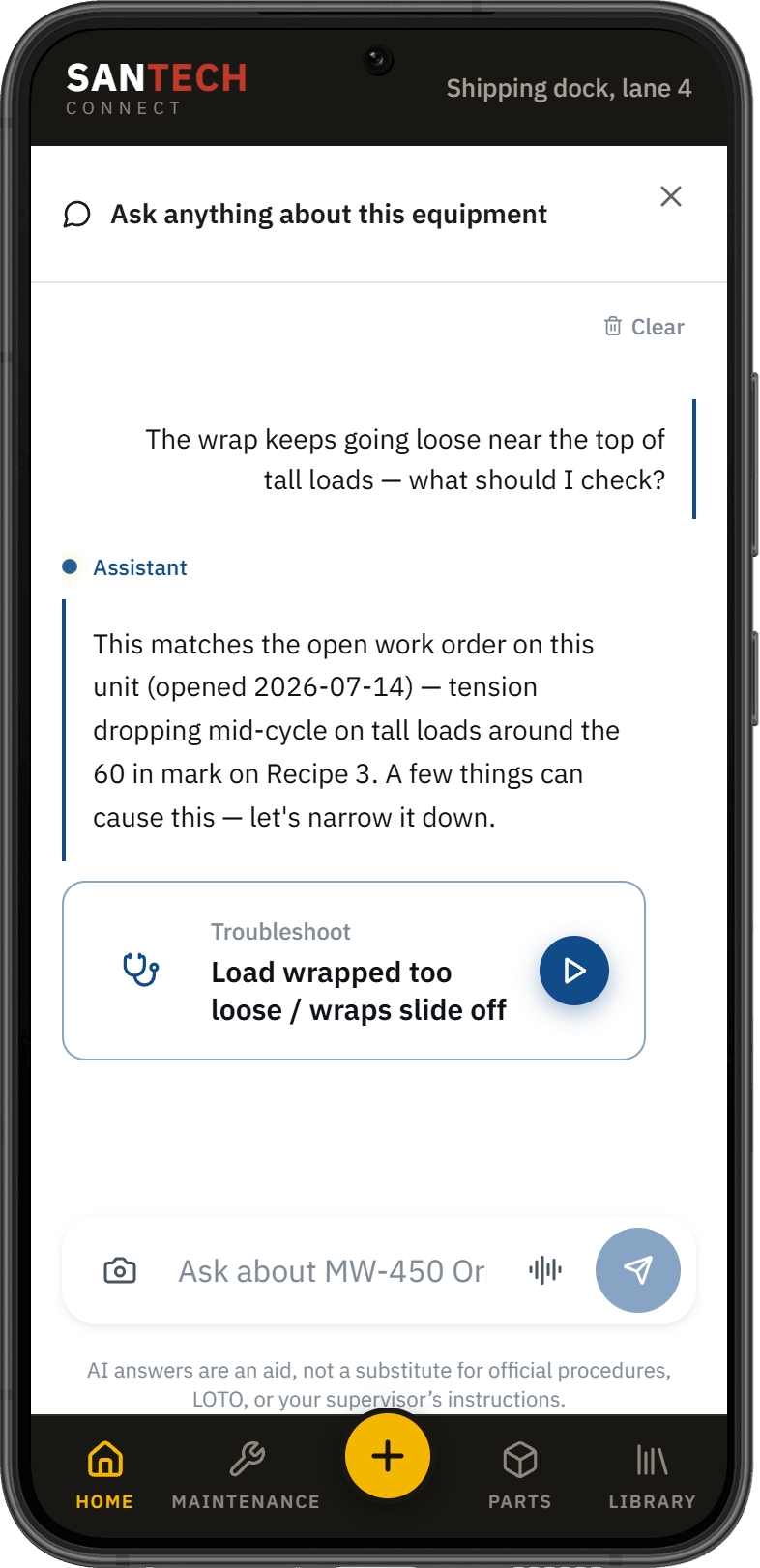 SANTECH Connect AI assistant answering an equipment question with a troubleshooting launcher