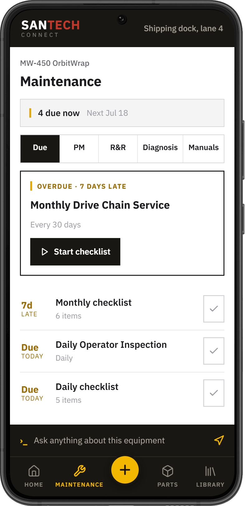 SANTECH Connect maintenance work queue on a phone